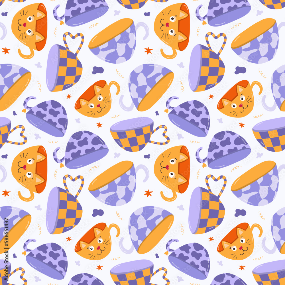 Cute and colorful seamless pattern with handmade ceramic mugs with trendy patterns. Can be used for wrapping paper, bedclothes, notebook, packages, gift paper. Hand drawn vector clipart Cute and colorful seamless pattern with handmade ceramic mugs with trendy patterns. Can be used for wrapping paper, bedclothes, notebook, packages, gift paper. Hand drawn vector clipart