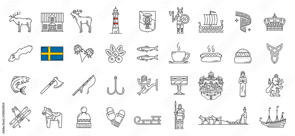 Sweden line, lineart, outline icons. Swedish history, food and landmarks symbols, European country travel pictograms, nature signs. Moose and deer, coat of arms, salmon and herring fish, viking ship Sweden line, lineart, outline icons. Swedish history, food and landmarks symbols, European country travel pictograms, nature signs. Moose and deer, coat of arms, salmon and herring fish, viking ship