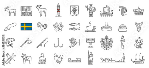 Sweden line, lineart, outline icons. Swedish history, food and landmarks symbols, European country travel pictograms, nature signs. Moose and deer, coat of arms, salmon and herring fish, viking ship