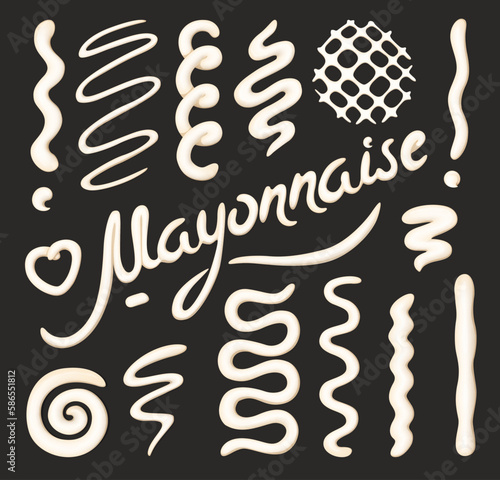 Mayonnaise stains, squeeze and splashes. Vector set of mayo sauce drips, isolated swirls, waves, snakes and curve lines. Heart, zigzag and grid shaped drops and blobs or realistic glossy texture