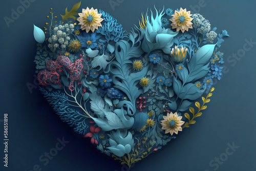 flowers in the shape of a heart on blue background. generated by AI