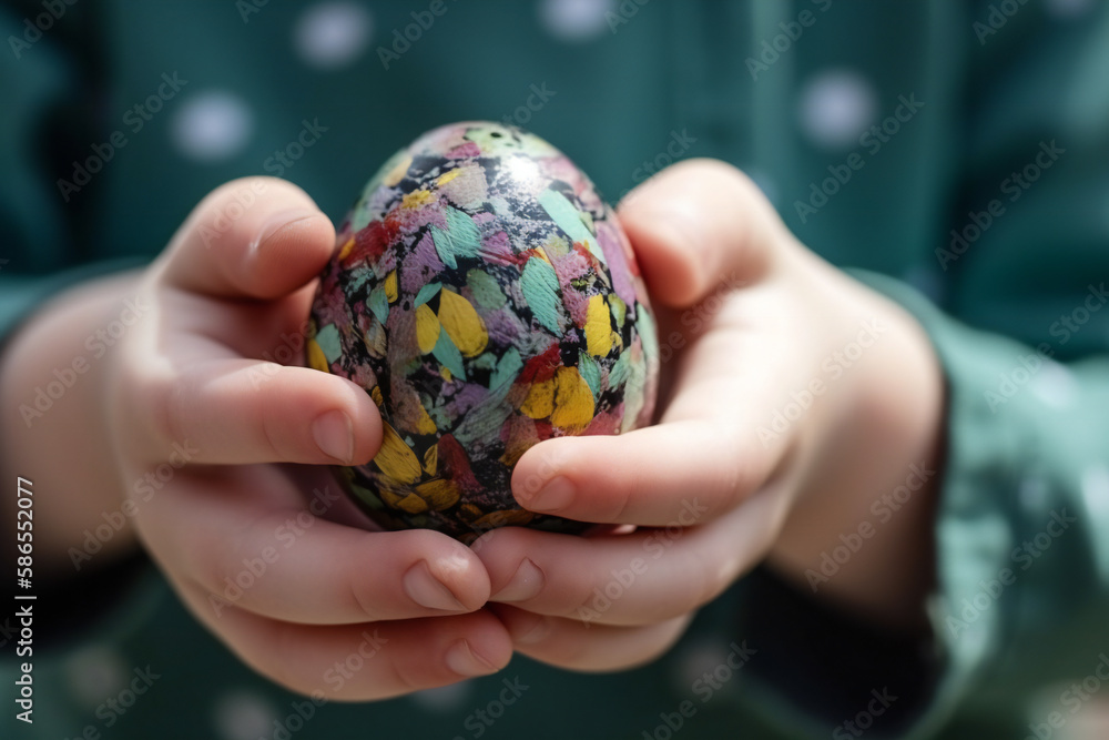 Kid with an Easter egg in hands, ai generated Kid with an Easter egg in hands, ai generated