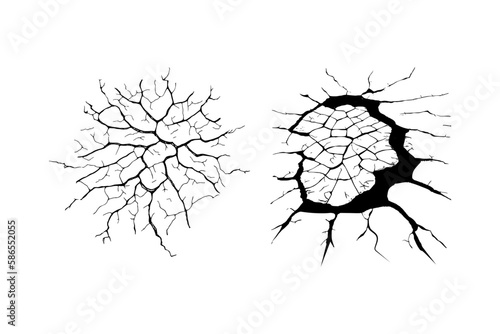 Split, crack and black hole in the wall or on the ground. Damage from natural disasters, earthquakes or drought. Catastrophe after the war.