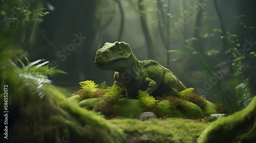 T-Rex with moss in the deep forest, Tyrannosaurus rex dinosaur, generative AI