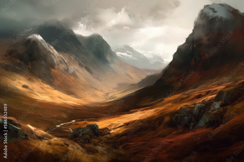 majestic mountain range with a peaceful stream flowing through the landscape. Generative AI