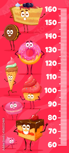 Kids height ruler cartoon bakery, sweets and dessert characters. Vector wall sticker for children height measurement with funny cake, pie, cookie or donut, ice cream, macaroon, meringue and cupcake