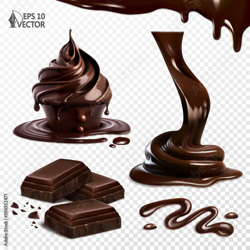 Realistic liquid chocolate cream. Dessert cake. Flowing natural chocolate paste and slices. 3d vector illustration set