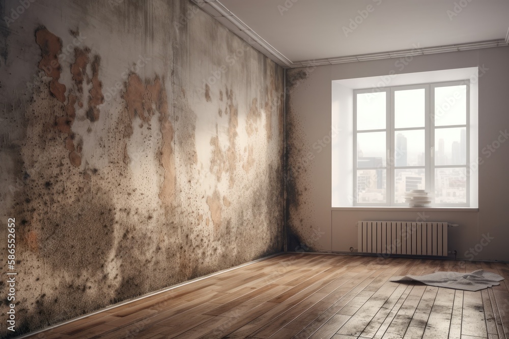an abandoned room with a worn wooden floor and peeling wallpaper. Generative AI an abandoned room with a worn wooden floor and peeling wallpaper. Generative AI