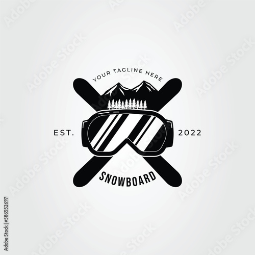 ski glasses with mountain and snowboard logo vector illustration design