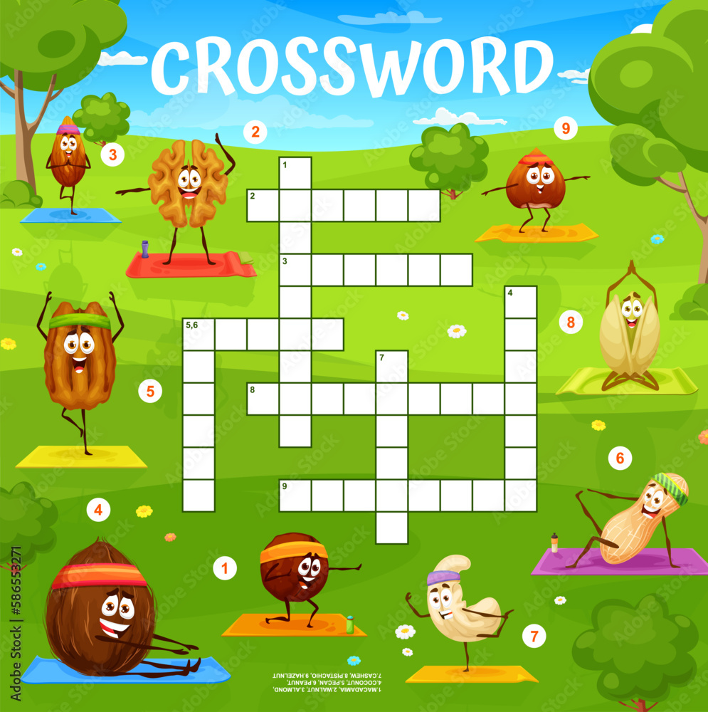 Cartoon nuts characters on yoga on meadow. Crossword quiz game grid. Find a word vector worksheet with macadamia, walnut, almond and coconut. Peanut, pecan, cashew, pistachio and hazelnut personages