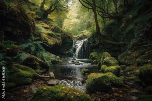 serene stream flowing through a dense  verdant forest landscape. Generative AI