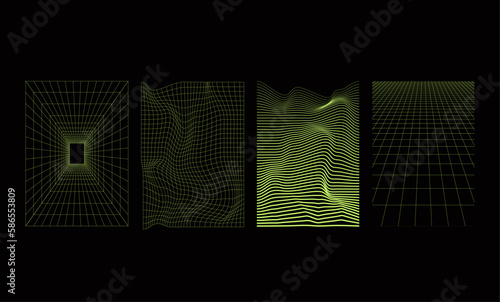 Geometry wireframe grid backgrounds in neon green color. 3D abstract posters, patterns, cyberpunk elements in trendy psychedelic rave style. 00s Y2k retro futuristic aesthetic.