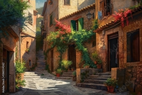 charming street scene with steps and blooming flowers. Generative AI © AkuAku