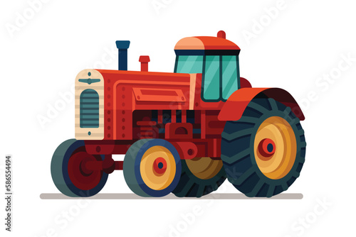 Tractor flat illustration. Side view of modern farm tractor. Farming vehicle in cartoon style. Vector cartoon illustration on white background