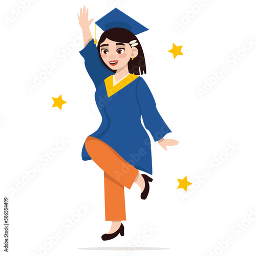 Graduation day. Graduate asian girl in a robe and a square academic cap. Jumping for joy. Vector graphic.