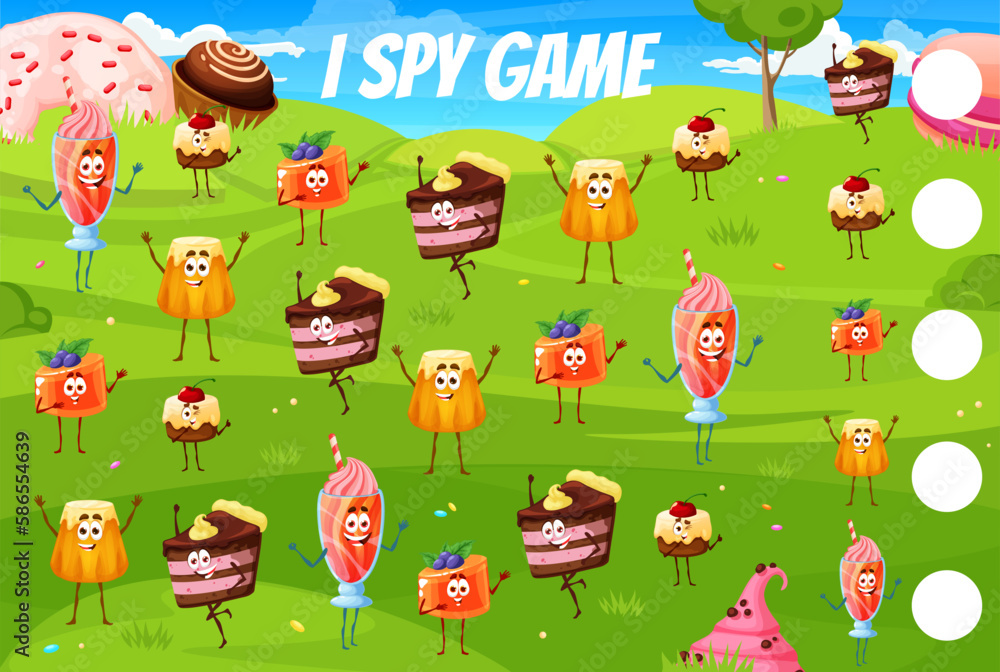 I spy game worksheet cartoon candy, pastry and cake characters. Kids vector jigsaw riddle with pie, cupcake, jelly pudding with cocktail and baba sweet pastry food personages. How many sweets test I spy game worksheet cartoon candy, pastry and cake characters. Kids vector jigsaw riddle with pie, cupcake, jelly pudding with cocktail and baba sweet pastry food personages. How many sweets test