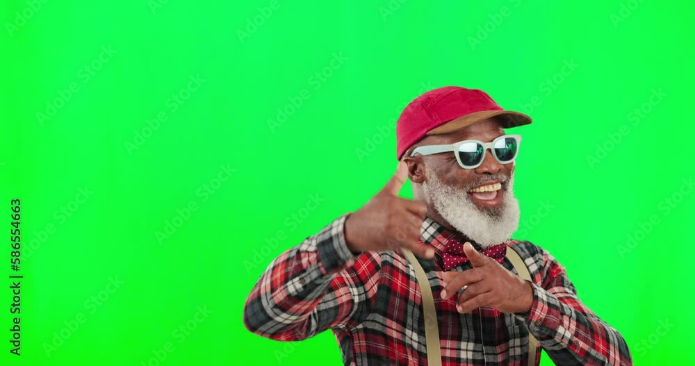 Cool, stylish and black man with a gesture on a green screen isolated on a studio background. Trendy, energy and face portrait of a senior person with fashionable style and retro clothing on backdrop Cool, stylish and black man with a gesture on a green screen isolated on a studio background. Trendy, energy and face portrait of a senior person with fashionable style and retro clothing on backdrop