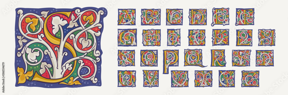 Drop caps alphabet with interlaced white vine and gilding calligraphy elements. Renaissance initial emblems. Drop caps alphabet with interlaced white vine and gilding calligraphy elements. Renaissance initial emblems.