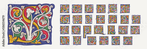 Drop caps alphabet with interlaced white vine and gilding calligraphy elements. Renaissance initial emblems.