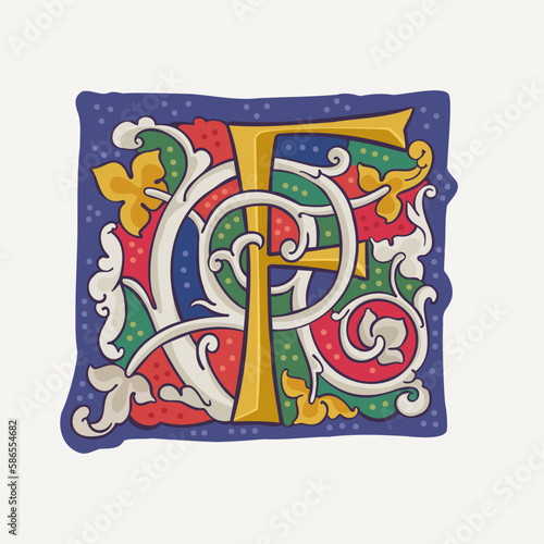 F letter drop cap logo with interlaced white vine and gilding calligraphy elements. Renaissance initial emblem.