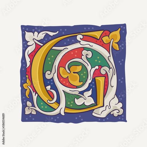 G letter drop cap logo with interlaced white vine and gilding calligraphy elements. Renaissance initial emblem.