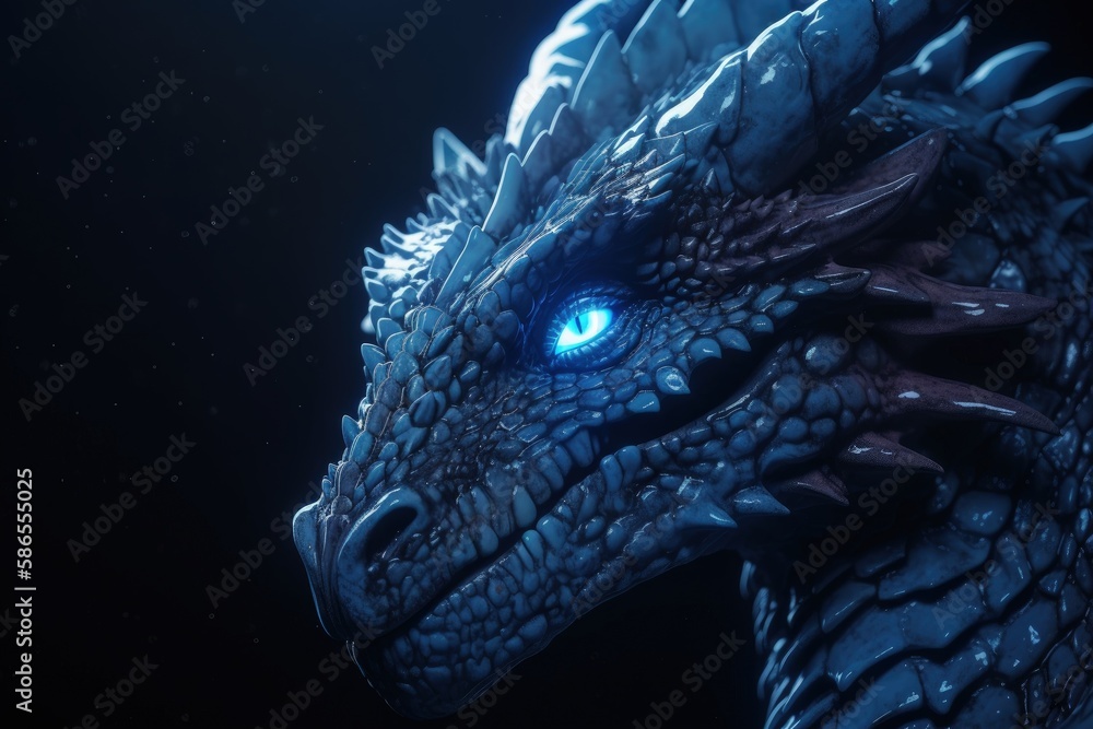 Blue mystical dragon illustration, fantasy concept. Generative AI