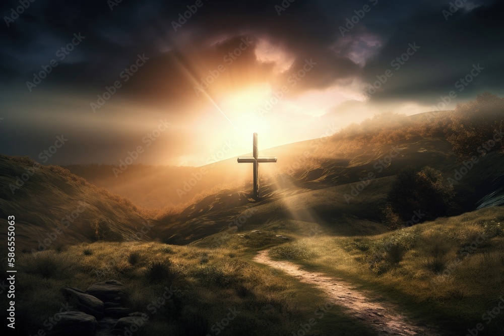 Landscape with cross on the hill, sun rays and clouds, Easter concept and crucifixion of Christ. Generative AI Landscape with cross on the hill, sun rays and clouds, Easter concept and crucifixion of Christ. Generative AI