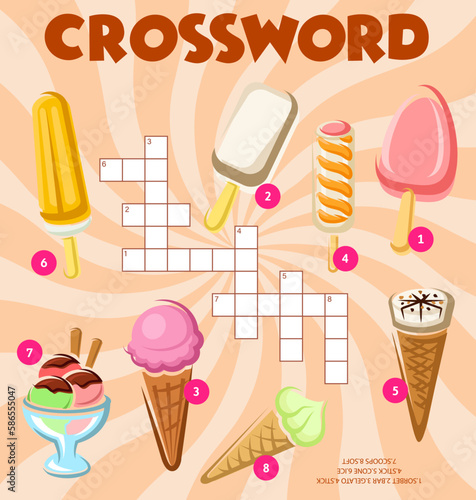 Ice cream desserts, crossword puzzle worksheet, vector word quiz. Crossword grid to guess words of ice cream sweet food, sorbet and gelato on stick, soft icecream scoop in wafer cone and bars
