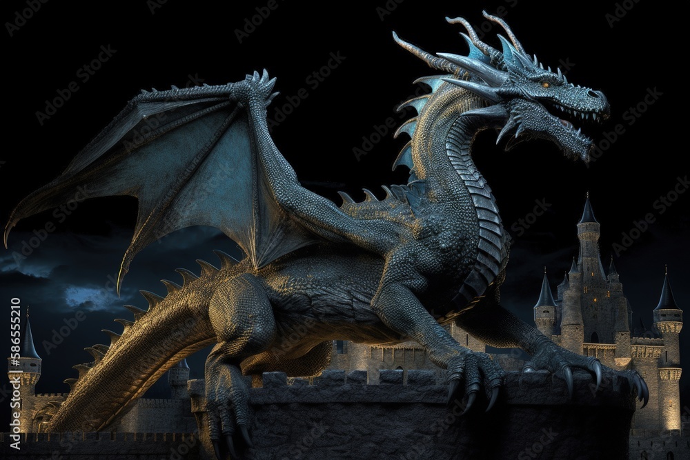 Fototapeta premium Mystical dragon illustration, castle in the background, fantasy concept. Generative AI