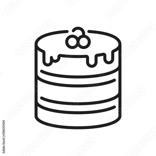 Sweet chocolate cake dessert with creme and berries on top, isolated outline pie. Vector yummy layered cake, pastry confectionery sweets