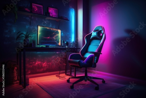 Gamer setup and chair illustration, room with neon lights. Generative AI