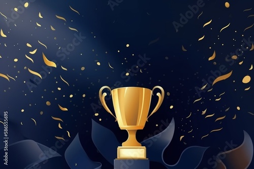 Golden trophy illustration on dark blue background, competition and business concept. Generative AI