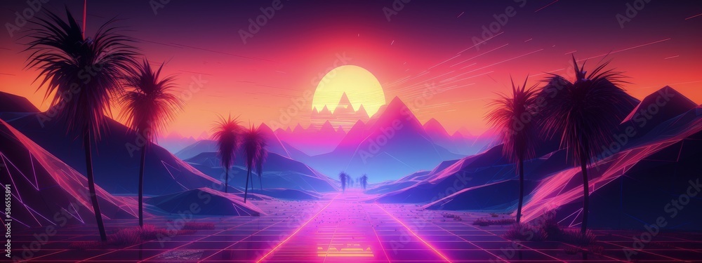Landscape with sunset and canyons, retro 80s style, vaporwave. Generative AI
