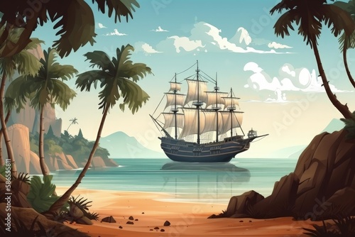 Landscape with pirate ship on an island. Generative AI