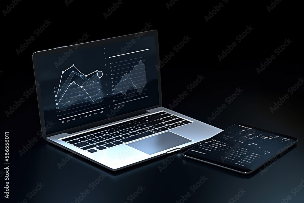 Laptop illustration with chart on screen, finance concept, background. Generative AI Laptop illustration with chart on screen, finance concept, background. Generative AI