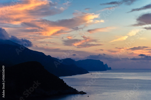 Sunset on the coast between Estellencs and Banyalbufar  Majorca  Balearic Islands  Spain  Europe