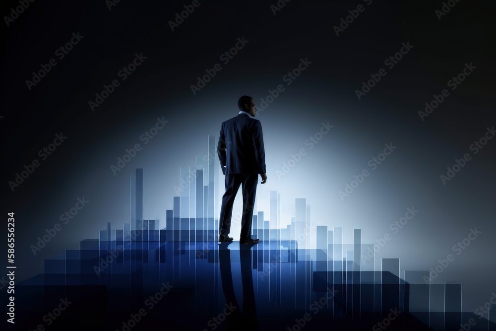 Illustration of businessman and graph, dark blue background. Generative AI Illustration of businessman and graph, dark blue background. Generative AI