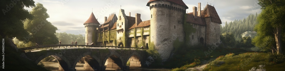 Landscape with medieval castle and bridge, concept of fantasy and history. Generative AI