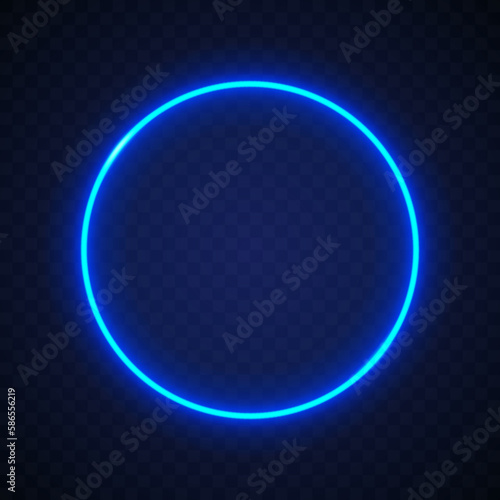 Neon circle. Light glow round blue color isolated on dark background. illuminated frame for design print. Abstract digital circe. Glowing flare loop. Speckle radial circular. Vector illustration