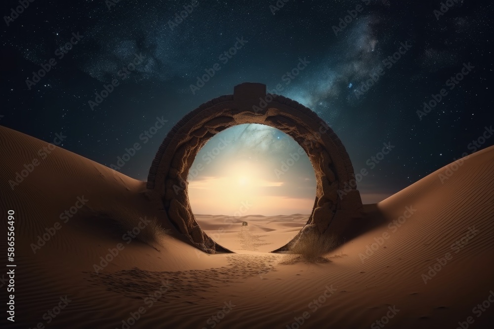 Illustration of mystical stone portal in the desert, fantasy and fiction concept. Generative AI - obrazy, fototapety, plakaty 