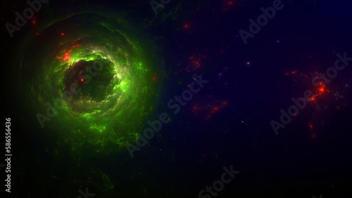 Fototapeta Naklejka Na Ścianę i Meble -  An abstract illustration of a black hole-like object that glows green in space.