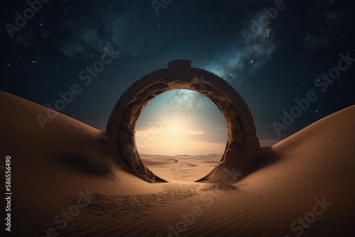 Illustration of mystical stone portal in the desert, fantasy and fiction concept. Generative AI