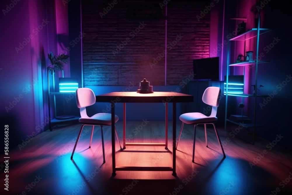 Neon Podcast Roo Podcast room illustration with chairs and table, neon lights, retro ...