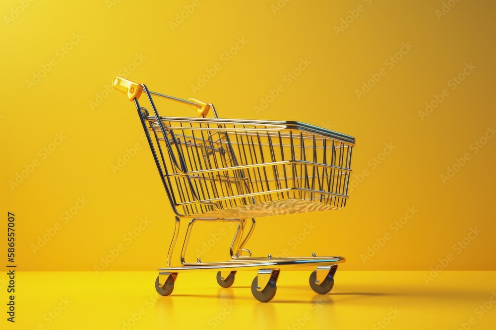 Shopping cart illustration on yellow background, sales concept. Generative AI Shopping cart illustration on yellow background, sales concept. Generative AI