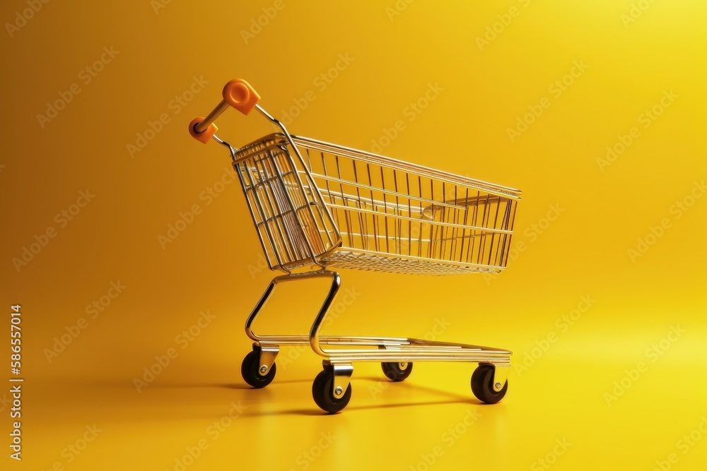 Shopping cart illustration on yellow background, sales concept. Generative AI Shopping cart illustration on yellow background, sales concept. Generative AI