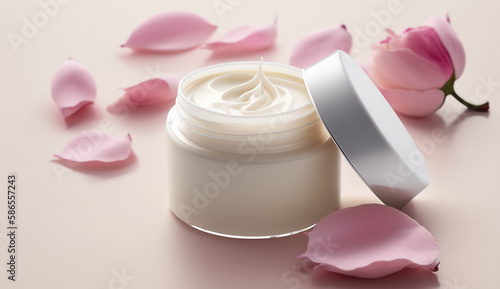 White blank 3D cosmetic cream jar with pink rose petals. Elegant skincare product presentation. Beauty and spa mockup template with copy space for text. Natural, organic concept. Generative AI.