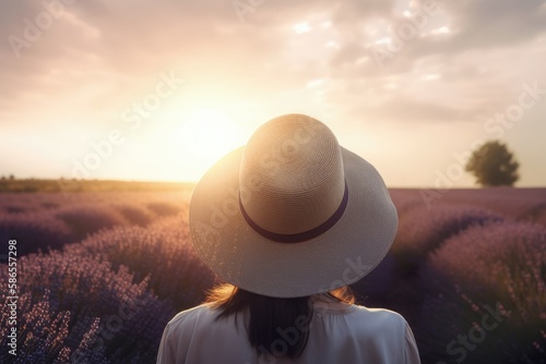 Landscape with woman with hat on her back, lavender field and sunset. Generative AI