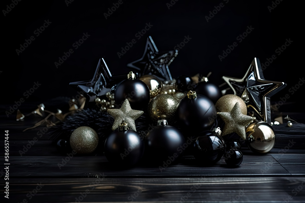Naklejka premium New Year decorations on black wood. - Generative Ai - Festive, Celebration, Party, Holiday, Winter, January, Countdown, Tradition, Ornament,.