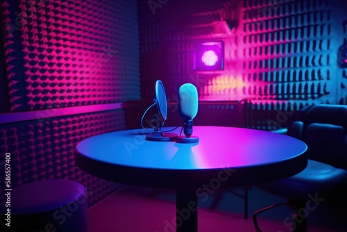 Podcast room illustration, table and microphone, podcast and streaming concept. Generative AI