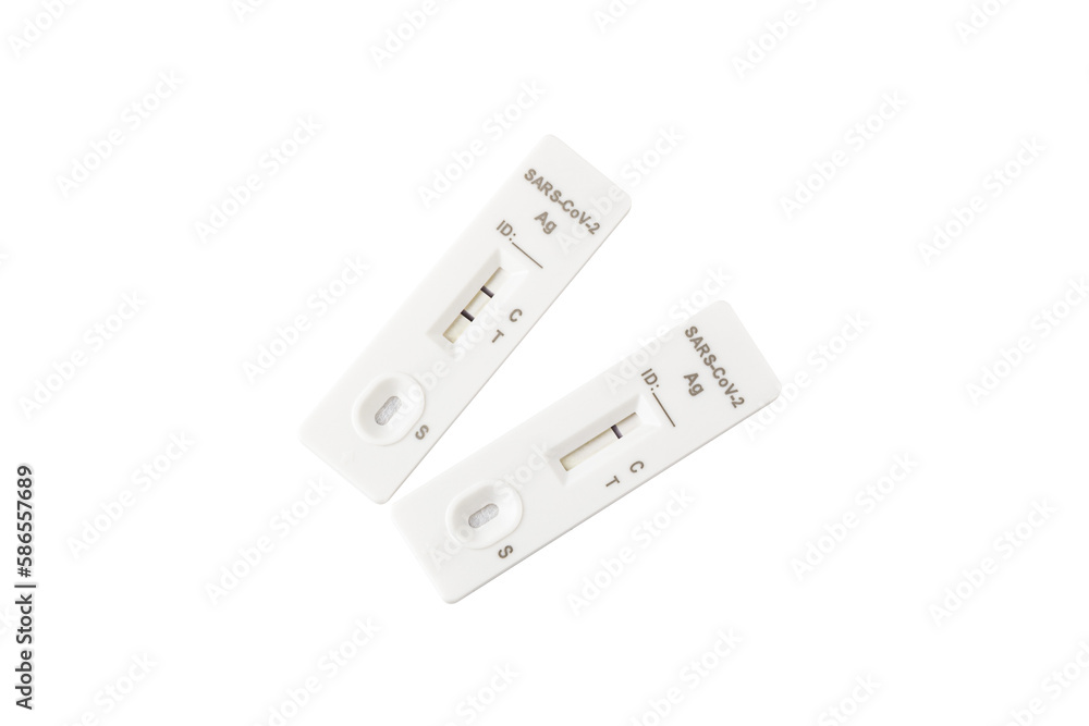 Rapid Covid-19 coronavirus strip test cassettes isolated on white background Rapid Covid-19 coronavirus strip test cassettes isolated on white background